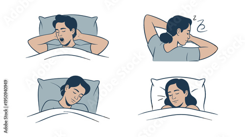 Various stages of sleep illustrated with a person in bed.