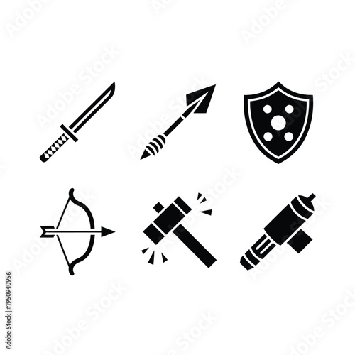 Black silhouettes of medieval weapons including swords bows and shields