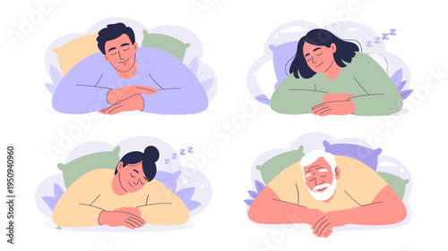 Four individuals peacefully sleeping on pillows.