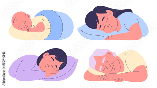 People of different ages peacefully sleeping on pillows.