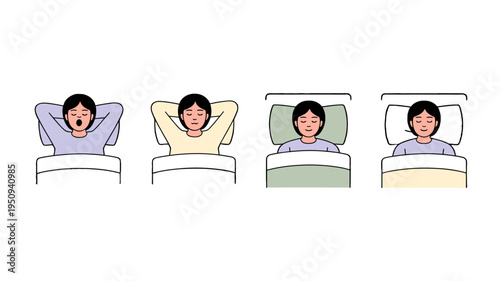 Four distinct stages of a person in bed, depicting various sleeping positions.