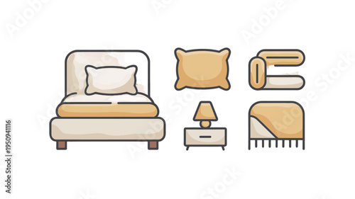 A set of comfy bedroom objects in a cartoon style.