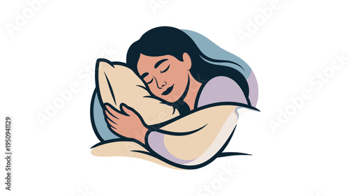 A young woman peacefully sleeping and hugging a pillow.