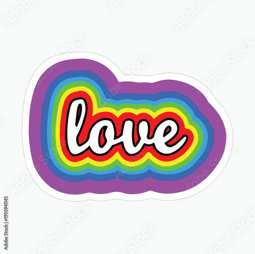 Colorful rainbow concentric outline sticker features the word love written in bold white script font