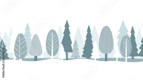 Winter landscape border displays a stylized row of evergreen and deciduous trees in shades of blue and white on a snowy ground.