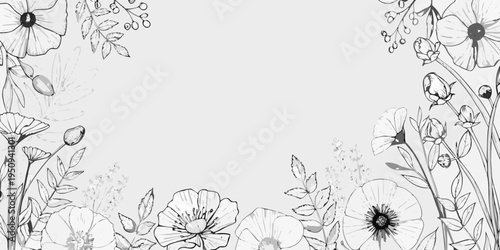 Elegant floral frame featuring delicate poppy flowers in grayscale