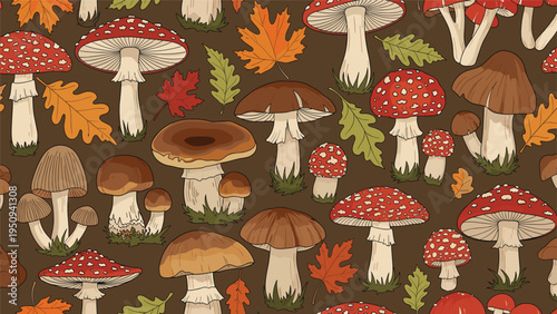 Vibrant autumn pattern is filled with various wild mushrooms like fly agarics and porcinis, scattered with orange and green leaves.