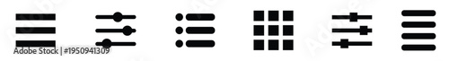 Hamburger Menu, Slider Settings, List View, Grid Layout, Filter Adjustment, Navigation Bar, Interface Options, Control Panel, UI Elements, Toggle, Icon