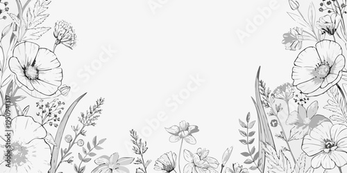 Elegant floral border with sketched poppies and delicate botanical elements