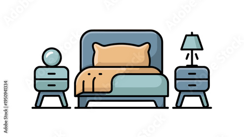 A cozy illustration of a bed and bedside table.