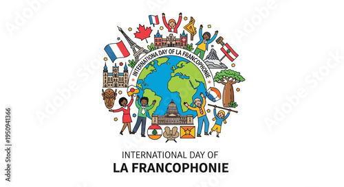 Illustration celebrating International Day of La Francophonie with colorful graphics and flags around the globe, symbolizing French language and culture, against a clean white background.
