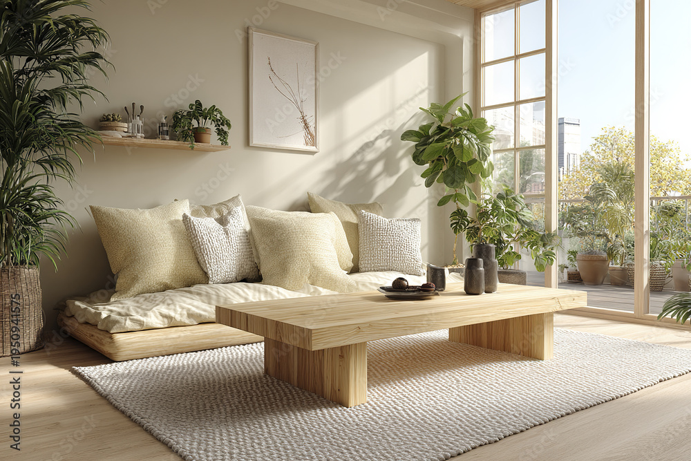 Fototapeta premium Modern Japandi living room with wooden coffee table, tatami seating, neutral cushions, indoor plants, and large windows letting in natural light, creating calm and cozy atmosphere