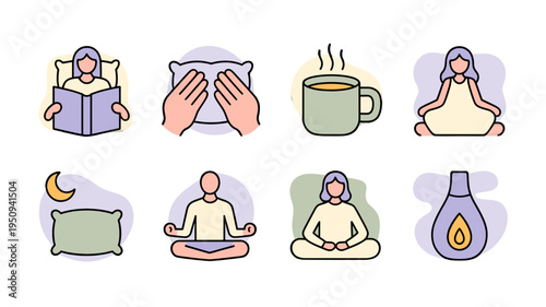 Collection of icons showing peaceful wellness activities such as meditating and resting.