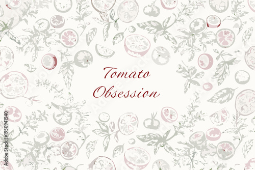 Delicate tomato and botanical illustration pattern on a white background