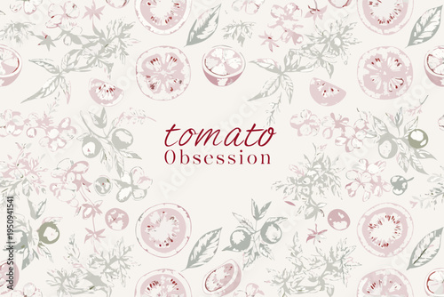 Botanical illustration featuring tomatoes and foliage in a repeating pattern