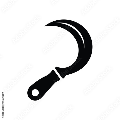 A simple black silhouette of a traditional farming hand scythe