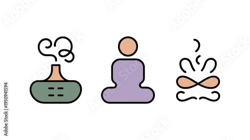 A peaceful illustration featuring icons related to meditation and aromatherapy.