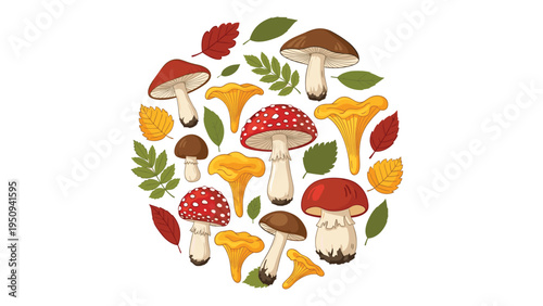 Colorful circular arrangement of forest mushrooms including chanterelles and amanitas is accented with assorted autumn leaves.
