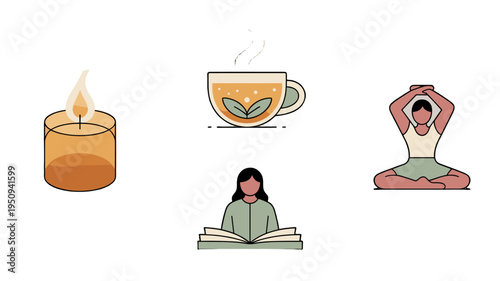Relaxing scene: Candle, tea, meditation, and reading.