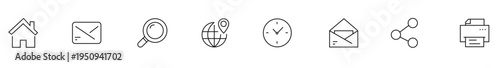 Home House, Mail Envelope, Search Glass, Global Pin, Wall Clock, Open Email, Share Link, Printer, Office Tools, Navigation, Communication, Icon