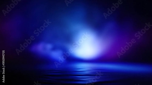 Abstract blue and purple light beams illuminate a dark, reflective surface