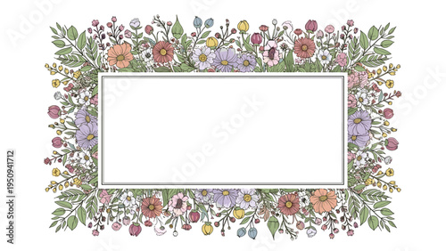 Lush rectangular floral border features a dense variety of colorful meadow wildflowers and green leaves around a central text space.