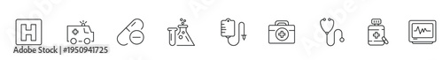 Hospital Sign, Ambulance, Medical Capsule, Test Tube Flask, IV Drip, First Aid Kit, Stethoscope, Medicine Bottle, Heart Rate Monitor, Health, Icon.