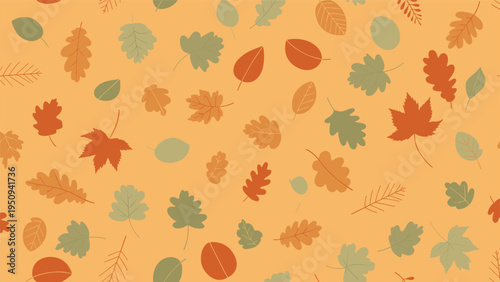Warm autumn leaf pattern showcases a variety of oak, maple, and elm leaves in shades of orange, green, and red on a tan background.