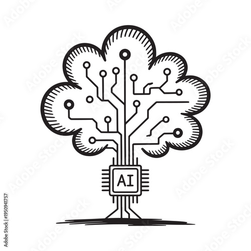 Digital tree with circuit patterns and ai chip at the base