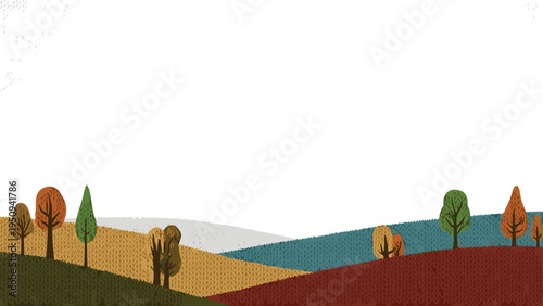 Beautiful autumn landscape with rolling hills and various colorful trees in a unique knitted texture style for seasonal designs.