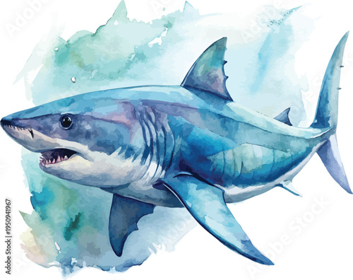 Hand-Painted Shark Watercolor style, Marine Predator Art, Isolated Vector Illustration