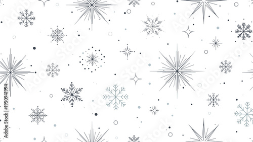 Delicate winter seamless pattern showcasing a variety of intricate snowflake designs and stars on a white background.