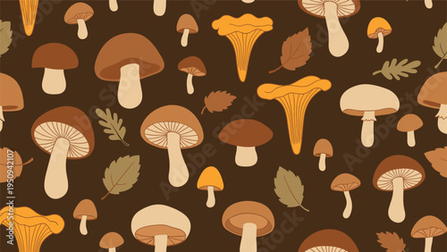 Rich autumn seamless pattern with different types of mushrooms and fall foliage on a deep dark brown background for textiles.