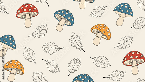 Whimsical seamless pattern of red, blue, and orange spotted mushrooms mixed with white leaf outlines on a cream background.