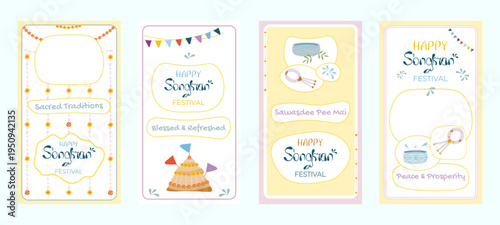 Traditional Songkran social media stories template set. Hand drawn Thai New Year symbols: sand pagoda, silver bowl, jasmine flower garland Phuang Malai. Custom calligraphy and lettering on pastel