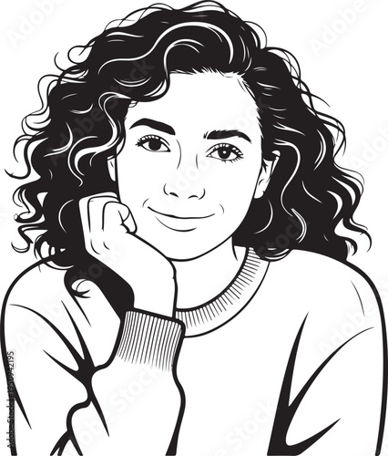 A cheerful young woman with abundant curly hair rests her chin on her hand and smiles