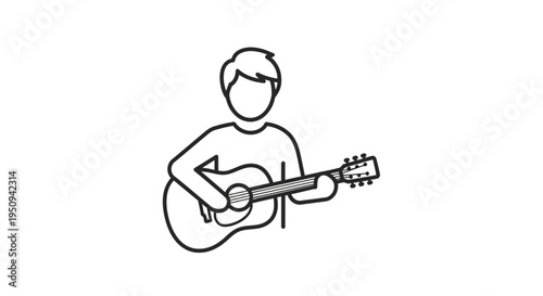 Musician Playing Acoustic Guitar Icon - Simple Line Art Vector Illustration