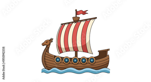 Viking Ship Vector Illustration, Cartoon Style Graphic for Travel, Adventure and History