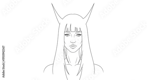 Mysterious Woman with Horns and Long Hair, Fantasy Portrait Line Art
