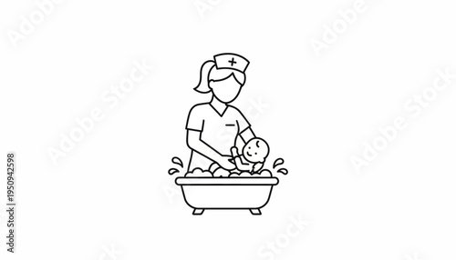 Nurse bathing baby in bathtub, healthcare, hygiene, newborn care, medical assistance icon