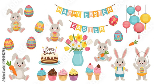 Easter Celebration Elements with Bunnies and Treats.