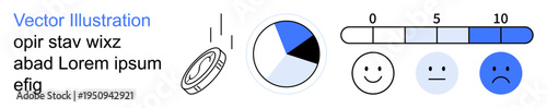 Data visualization, survey feedback, user sentiment, business analysis, research, customer satisfaction. Pie chart, rating scale and emotion icons. Survey feedback and user sentiment concept