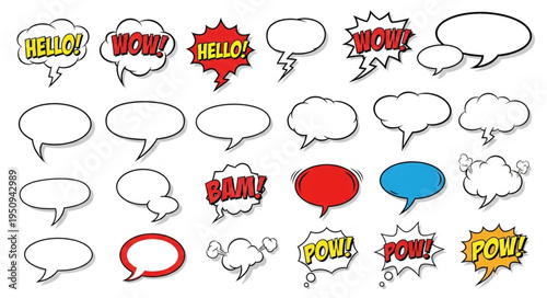 Collection of comic book speech bubbles and sound effects.