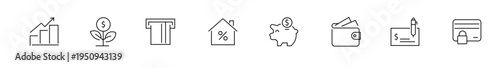 Economy personal finance icons, growth chart, money plant, atm machine, house mortgage, piggy bank, wallet, checkbook, locked credit card, investment.