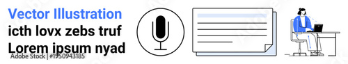 Speech recognition, transcription services, digital communication, online work, content creation, workflows. Microphone icon, text person using a laptop. Speech recognition and transcription