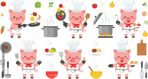 Cute Pig Chef Cartoon Character Cooking Food Set with Frying Pan Vegetables Kitchen Tools Stove and Meal Preparation Vector Illustration