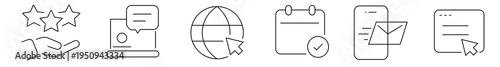 Customer rating stars hand, laptop video chat, global web cursor, calendar check mark, smartphone email message, browser window click, digital tech.