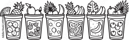Assorted fruit smoothies in cups with various fruits and vegetables illustrated on the outside Vector