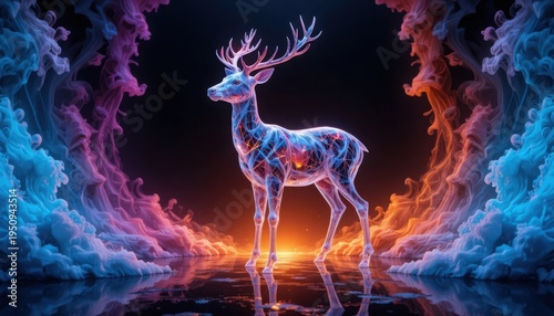 A magnificent deer with prominent antlers is depicted as a translucent, glowing creature, standing between swirling masses of blue, pink, and orange smoke reflecting on water.