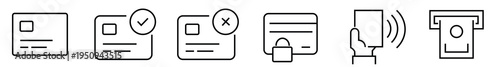 Credit card payment icons, debit card verification check, declined payment cross, secure locked card, contactless wireless pay, atm cash withdrawal.